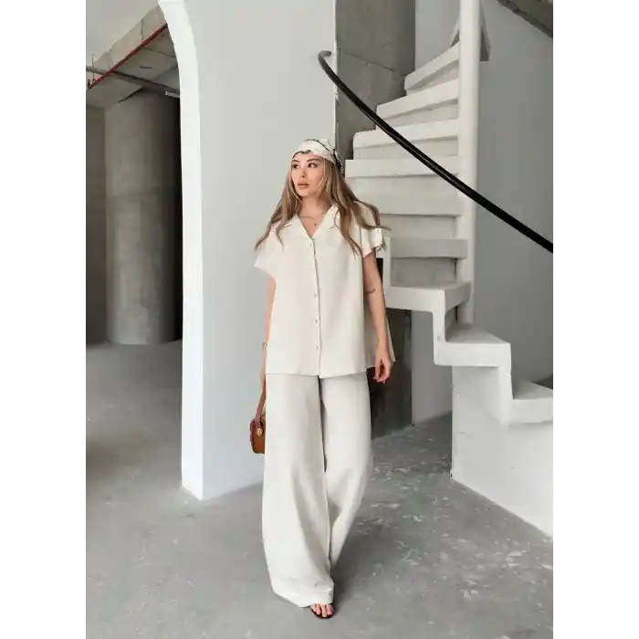 Keten Kısa Kollu Cepli Gömlek Pantolon ikili Takım - Beyaz