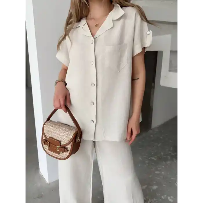 Keten Kısa Kollu Cepli Gömlek Pantolon ikili Takım - Beyaz