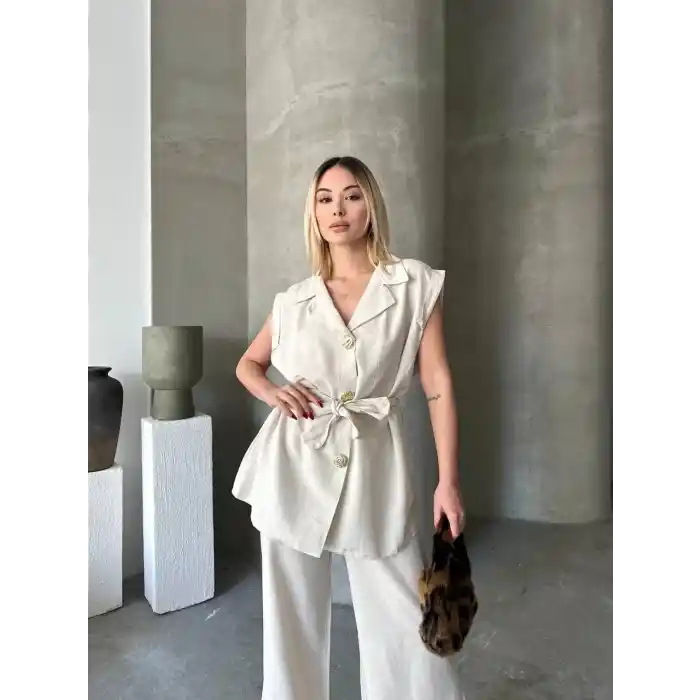 Keten Sıfır Kol Kuşaklı Ceket Pantolon ikili Takım - Beyaz
