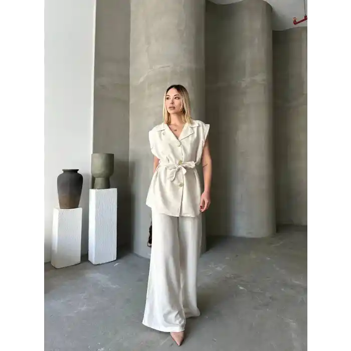 Keten Sıfır Kol Kuşaklı Ceket Pantolon ikili Takım - Beyaz