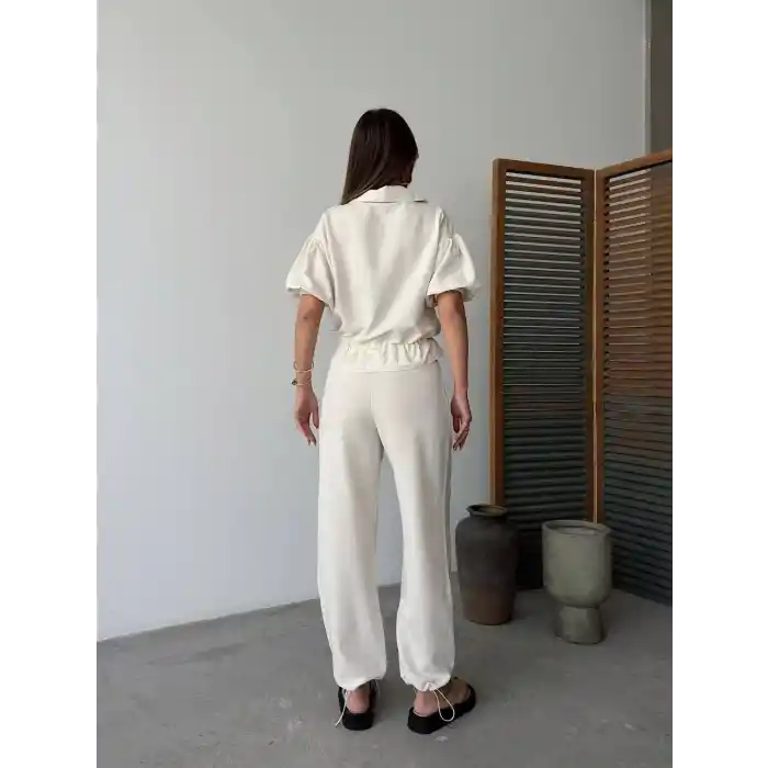 Keten Tam Fermuarlı Kısa kollu Gömlek Pantolon ikili Takım - Beyaz