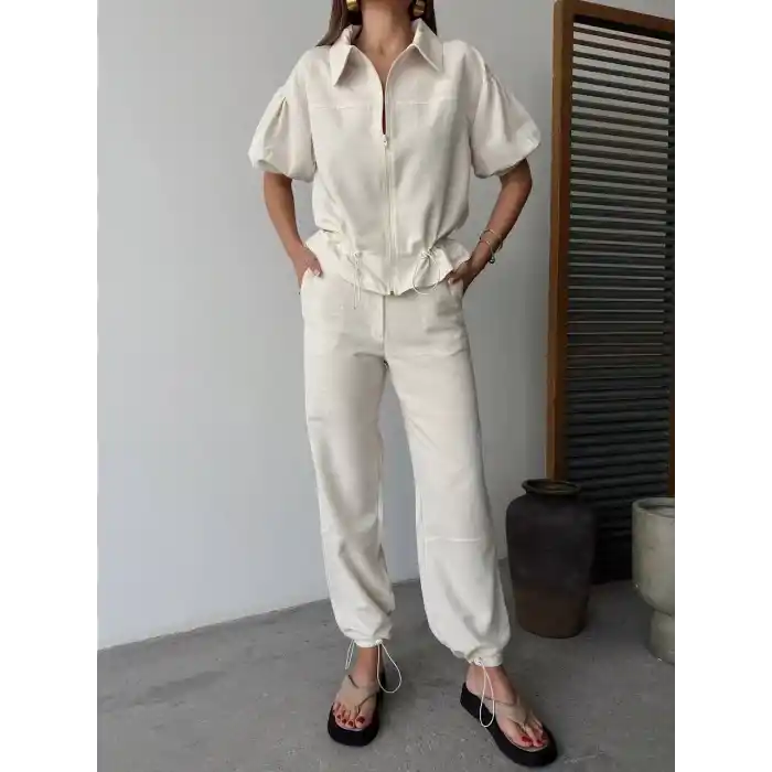 Keten Tam Fermuarlı Kısa kollu Gömlek Pantolon ikili Takım - Beyaz