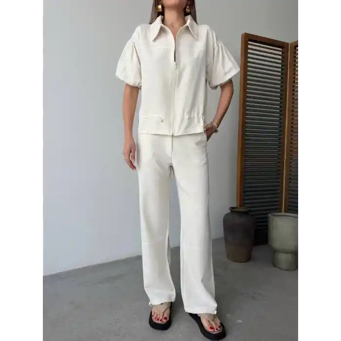 Keten Tam Fermuarlı Kısa kollu Gömlek Pantolon ikili Takım - Beyaz