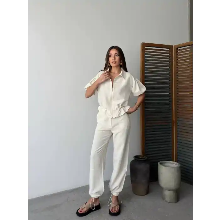 Keten Tam Fermuarlı Kısa kollu Gömlek Pantolon ikili Takım - Beyaz