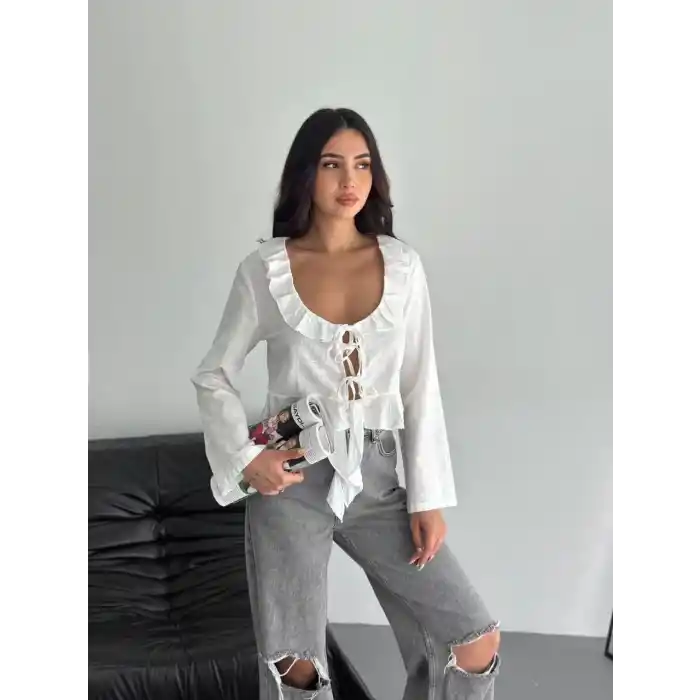 Keten Uzun Kol Bağacık Detaylı Bluz - Beyaz