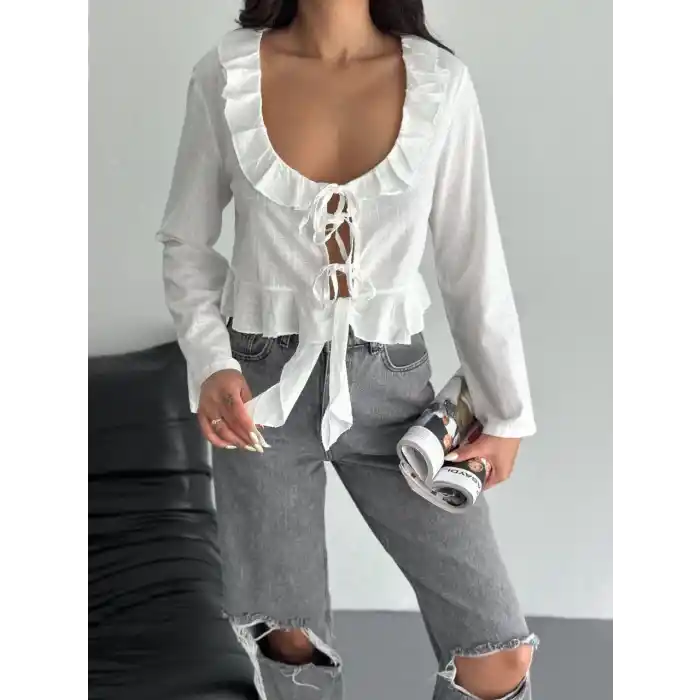 Keten Uzun Kol Bağacık Detaylı Bluz - Beyaz