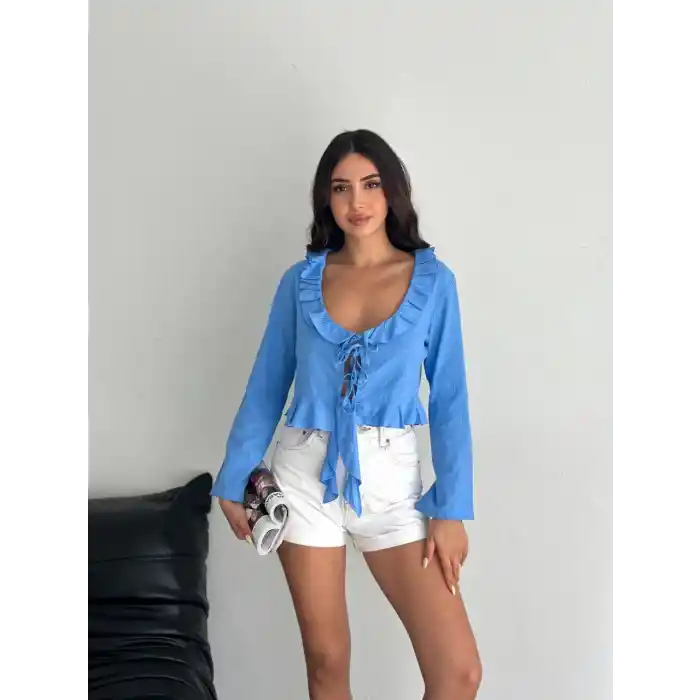 Keten Uzun Kol Bağacık Detaylı Bluz - Mavi
