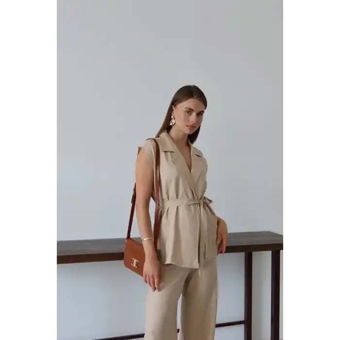 Keten yelek pantolon takım bej pt