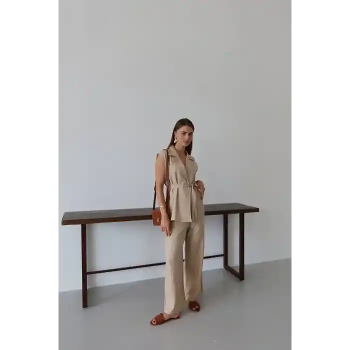 Keten yelek pantolon takım bej pt