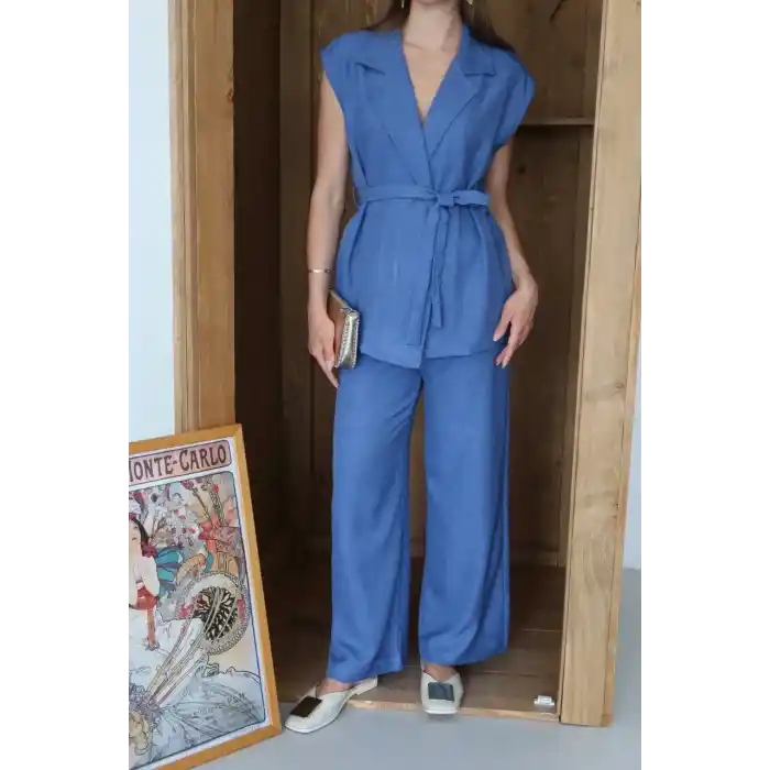 Keten yelek pantolon takım indigo pt