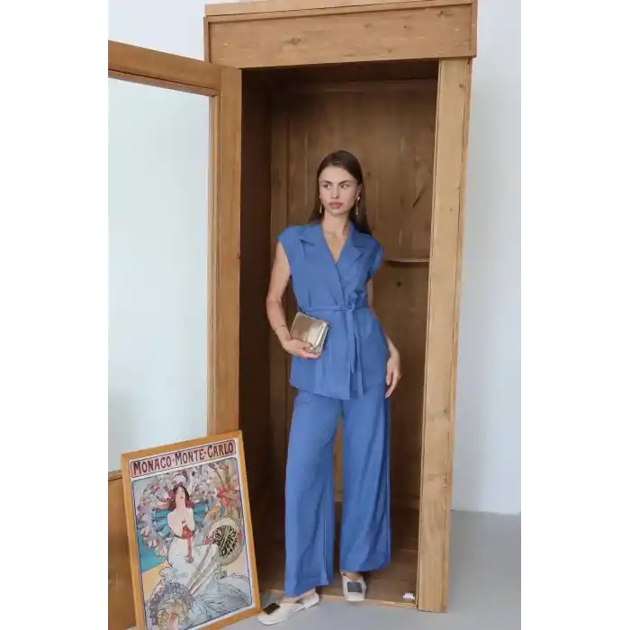 Keten yelek pantolon takım indigo pt