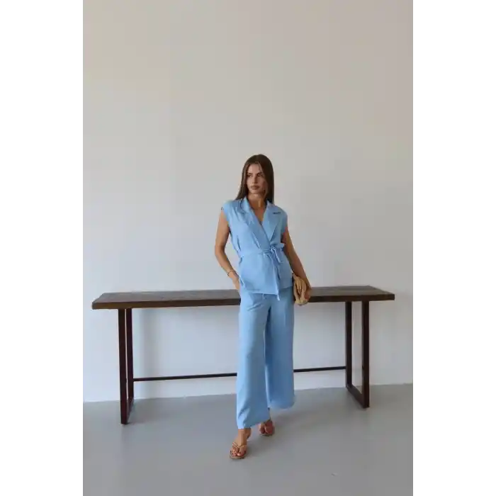 Keten yelek pantolon takım mavi pt