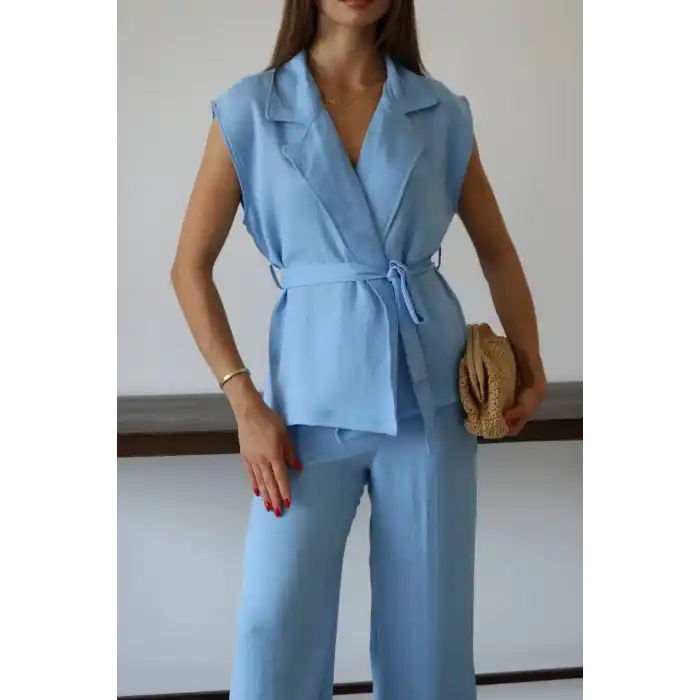 Keten yelek pantolon takım mavi pt