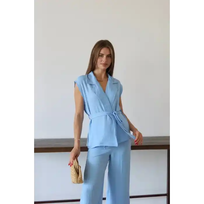 Keten yelek pantolon takım mavi pt