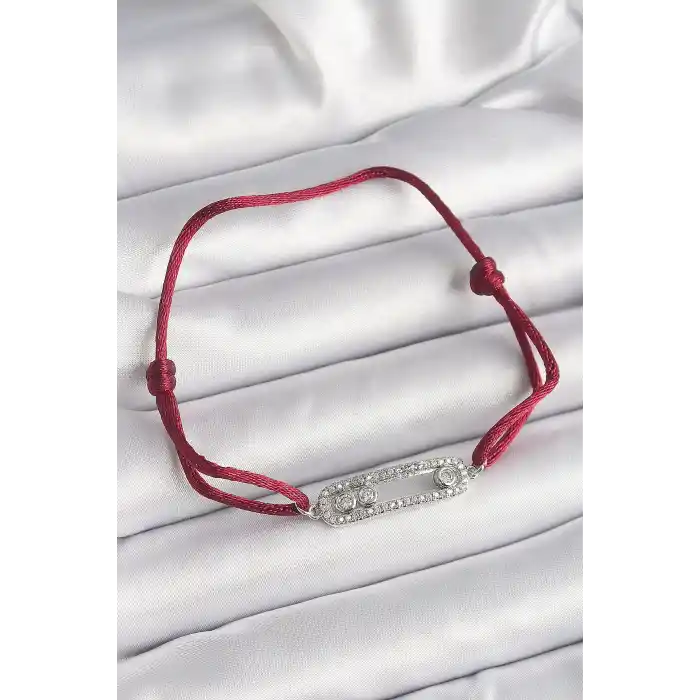 Kırmızı İpli Asansörlü Zirkon Taşlı Gümüş Messika Model Kadın Bileklik