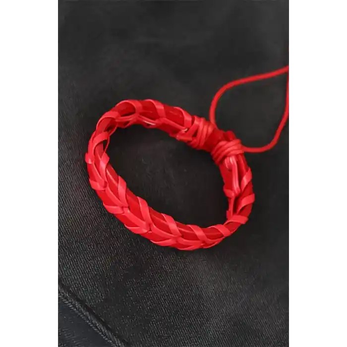 Kırmızı Örgü Deri Erkek Bileklik