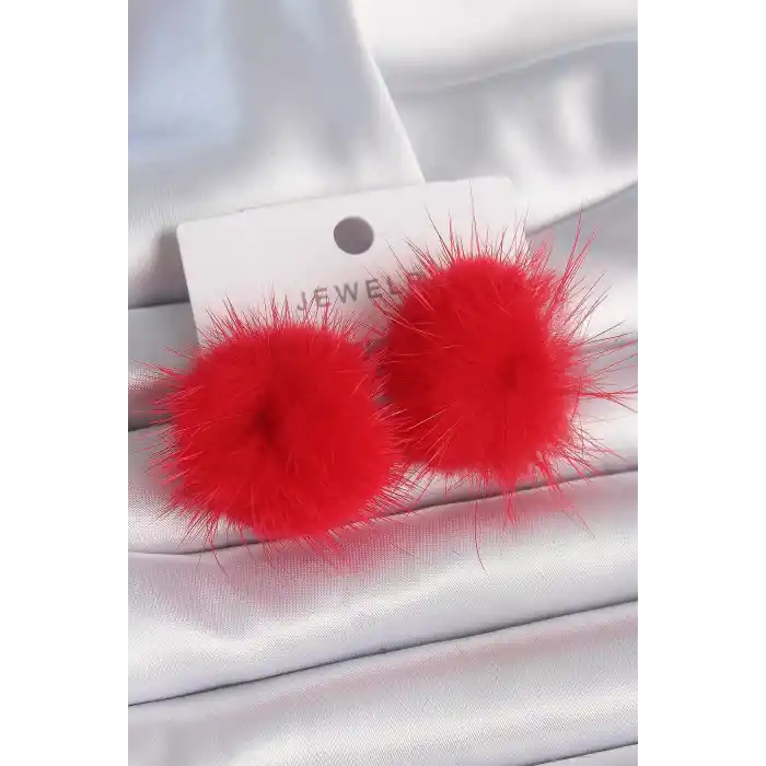 Kırmızı Tüylü Ponpon Model Kadın Küpe