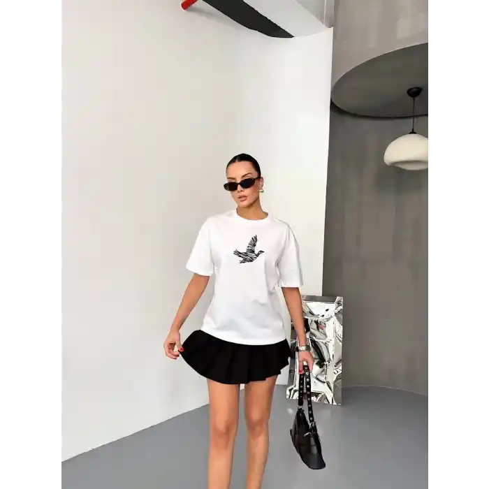 Kısa Kol Baskılı T-shirt - Beyaz