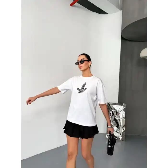 Kısa Kol Baskılı T-shirt - Beyaz