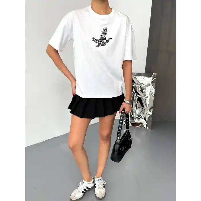 Kısa Kol Baskılı T-shirt - Beyaz