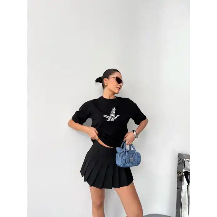 Kısa Kol Baskılı T-shirt - Siyah