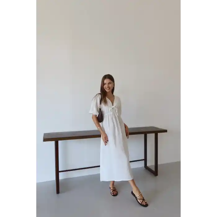 Kısa kollu müslin elbise beyaz pt