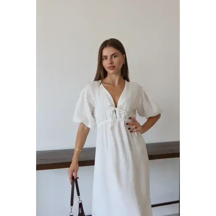 Kısa kollu müslin elbise beyaz pt