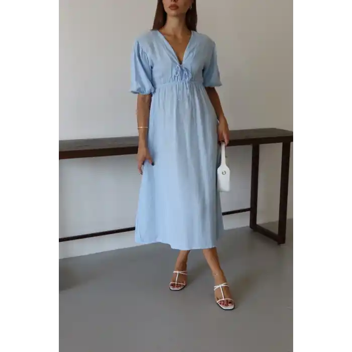 Kısa kollu müslin elbise mavi pt