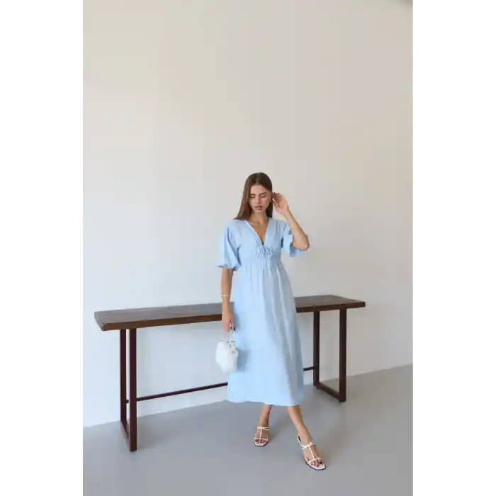 Kısa kollu müslin elbise mavi pt