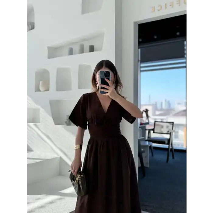 Kısa Kollu Uzun Elbise - Kahve