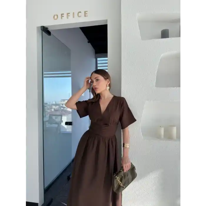 Kısa Kollu Uzun Elbise - Kahve