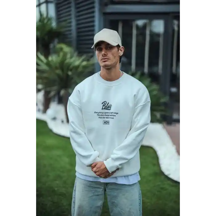 Kışlık Bisiklet Yaka Ön Ve Arka Baskılı SweatShirt - Beyaz