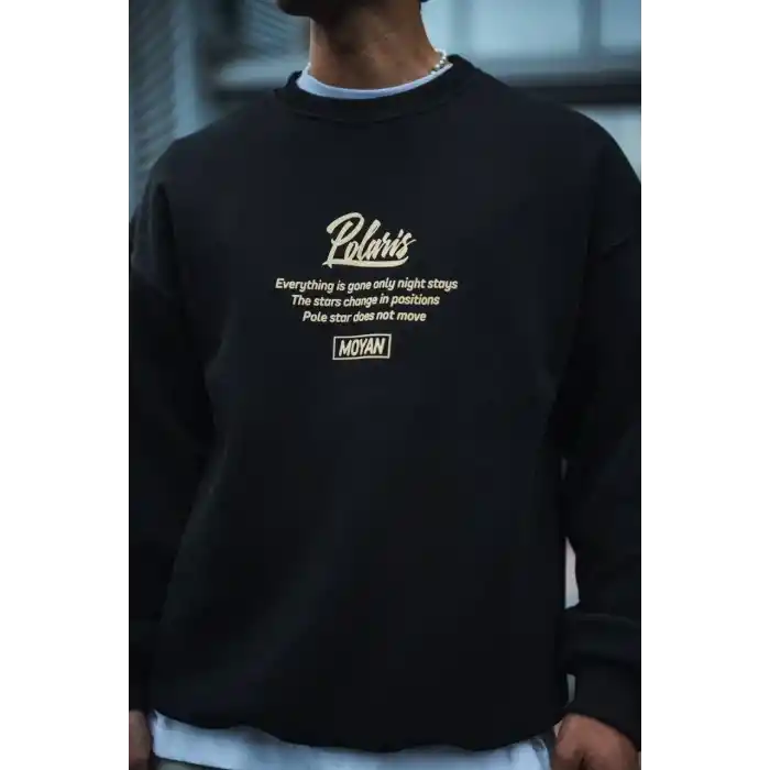 Kışlık Bisiklet Yaka Ön Ve Arka Baskılı SweatShirt - Siyah