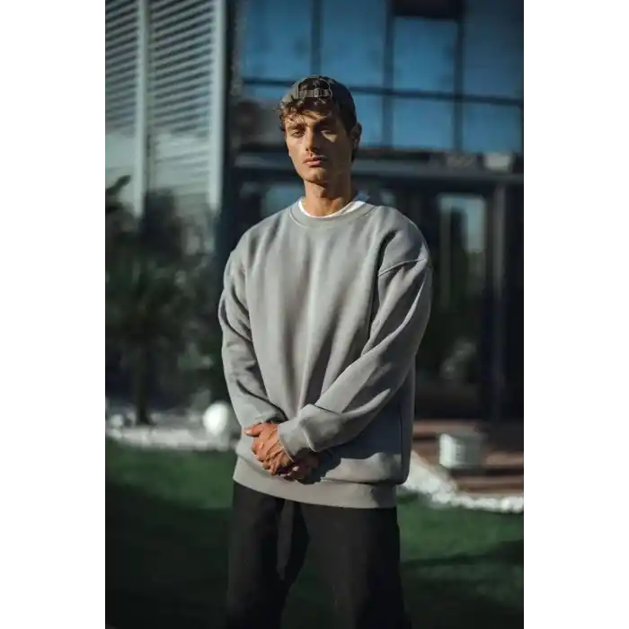 Kışlık Bisiklet Yaka Üç İplik Basic SweatShirt - Boyalı Gri