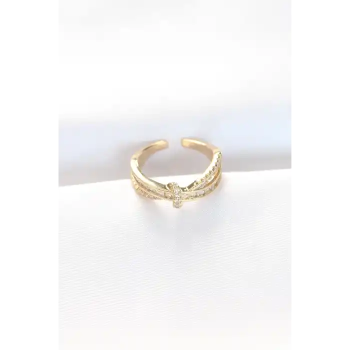 Kıvrım Model Gold Renk Zirkon Taşlı Ayarlanabilir Yüzük