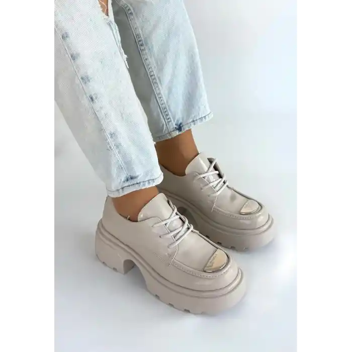 Kiya Bej Rugan Dolgu Topuk Oxford Ayakkabı