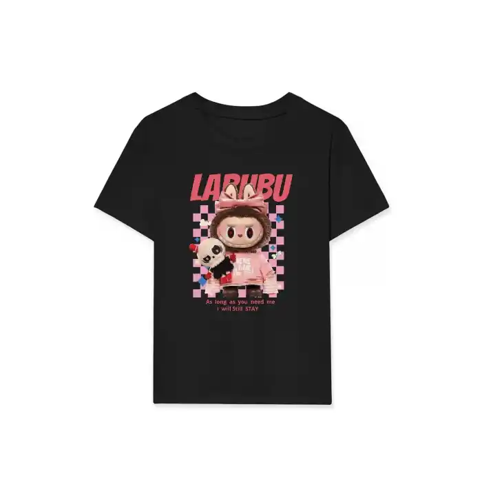 Kız Labubu Çocuk Baskılı T-Shirt - Siyah
