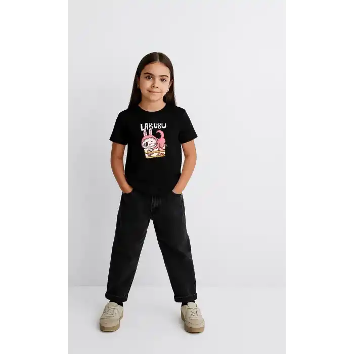 Kız Labubu Çocuk Baskılı T-Shirt - Siyah