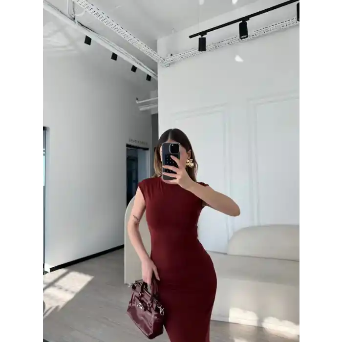 Kolsuz Uzun Likralı Elbise - Bordo