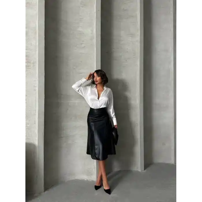 Komple parçalı deri etek siyah h26441