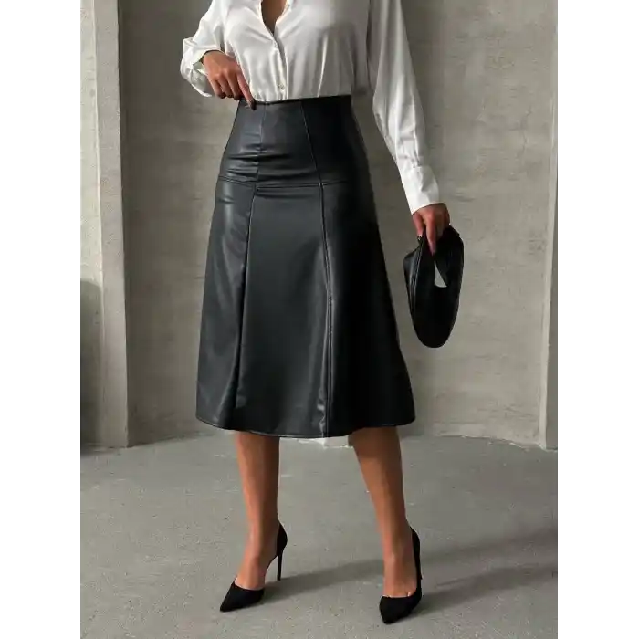 Komple parçalı deri etek siyah h26441