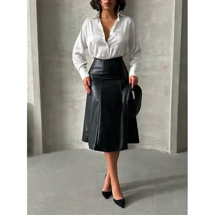 Komple parçalı deri etek siyah h26441