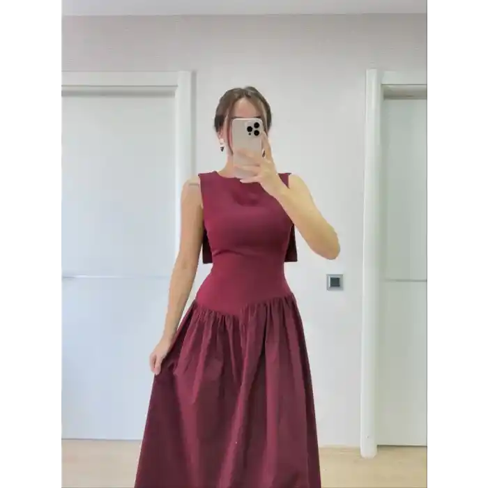 Krep Arkası Kanat Arka Ön Pens Detaylı Uzun Kadın Elbise - Bordo