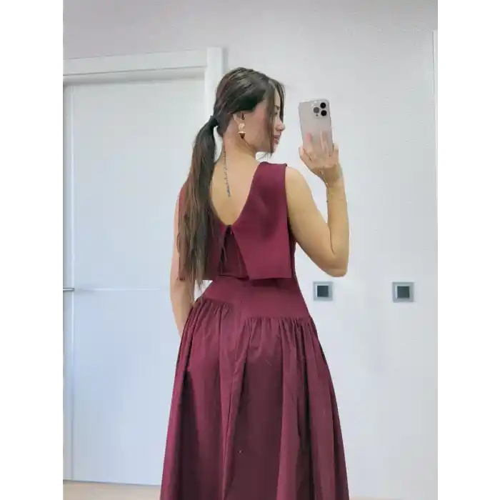 Krep Arkası Kanat Arka Ön Pens Detaylı Uzun Kadın Elbise - Bordo