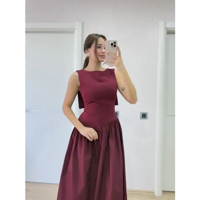 Krep Arkası Kanat Arka Ön Pens Detaylı Uzun Kadın Elbise - Bordo