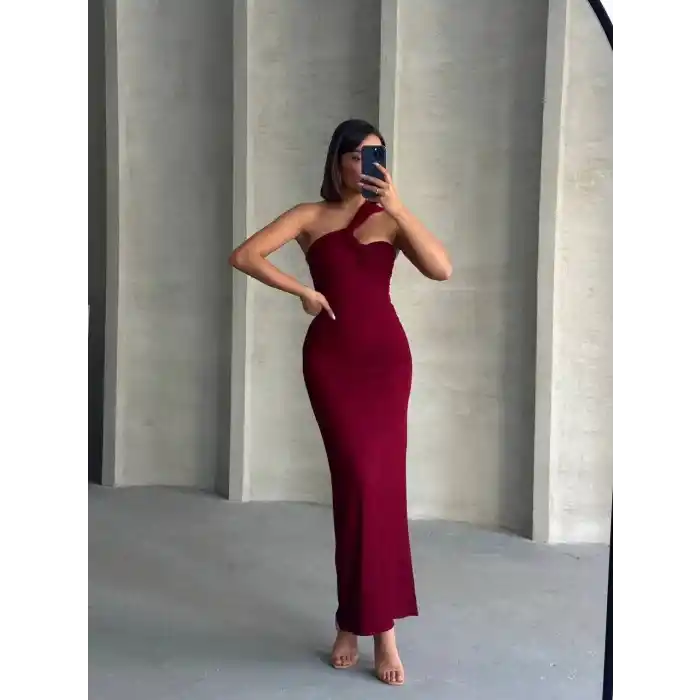Krinkıl tek omuz uzun elbise bordo s25455