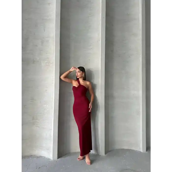 Krinkıl tek omuz uzun elbise bordo s25455