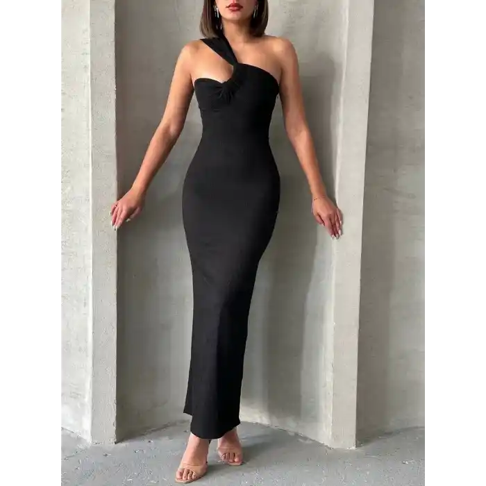 Krinkıl tek omuz uzun elbise siyah s25455