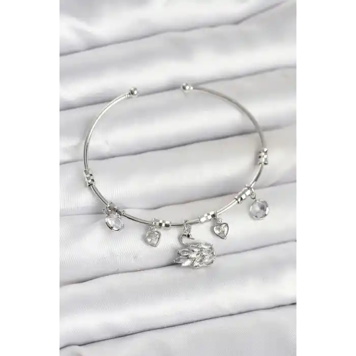 Kuğu Charmlı Gümüş Renk Kadın Bileklik