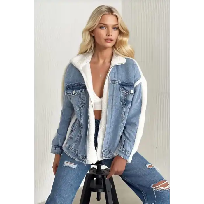 Kürklü kot ceket mavi t7009